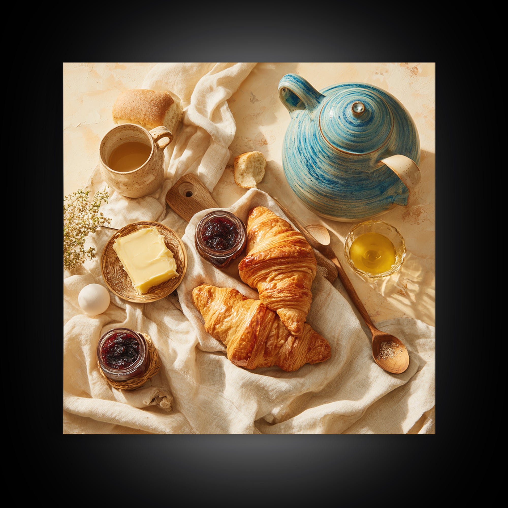 Fresh Croissants and Jam on a Linen Canvas Print, Bed and Breakfast Art, Folk Art, Living Room Decor, Abstract Art, BAB-1x1-50