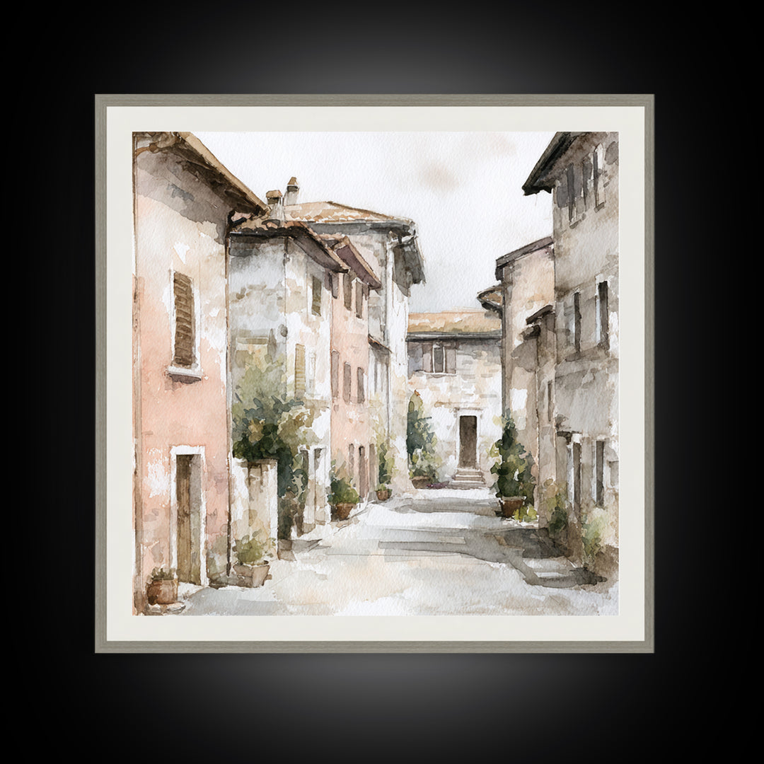 Soft Watercolor Village Street at Dawn Canvas Print, Bed and Breakfast Art, Textured Painting, Living Room Decor, BAB-1x1-53