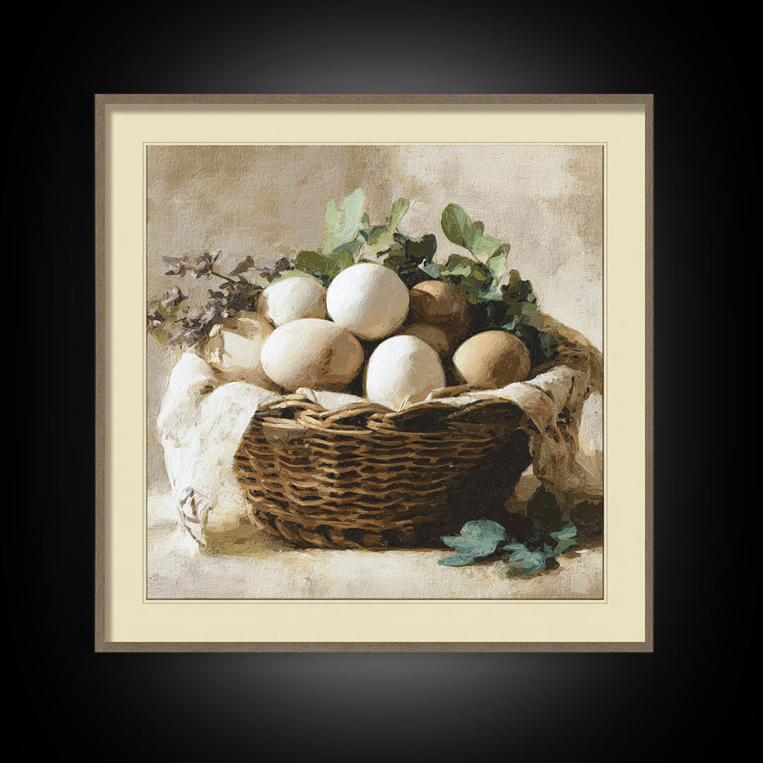 Fresh Eggs in a Woven Basket with Canvas Print, Bed and Breakfast Art, Bedroom Art, Living Room Decor, Oil Painting, BAB-1x1-54