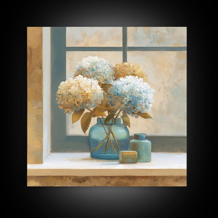 Sunlit Hydrangeas on a Windowsill Canvas Print, Bed and Breakfast Art, Rustic Home Decor, Living Room Decor, BAB-1x1-58