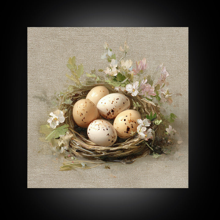 Fresh Eggs in a Woven Basket with Framed Canvas Print, Bed and Breakfast Art, Coffee Art, Living Room Decor, Watercolor Art, BAB-1x1-6