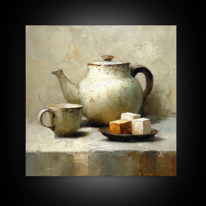 Porcelain Teapot and Scones Canvas Print, Bed and Breakfast Art, Bedroom Wall Decor, Living Room Decor, Fine Art, BAB-1x1-60