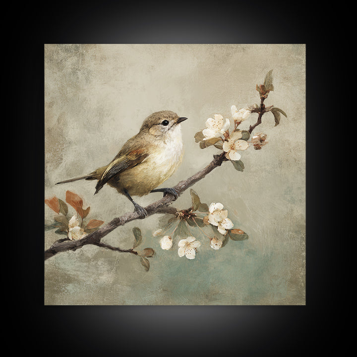 Small Bird on a Flowering Branch Framed Canvas Print, Bed and Breakfast Art, Gallery Decor, Living Room Decor, Fine Art, BAB-1x1-62