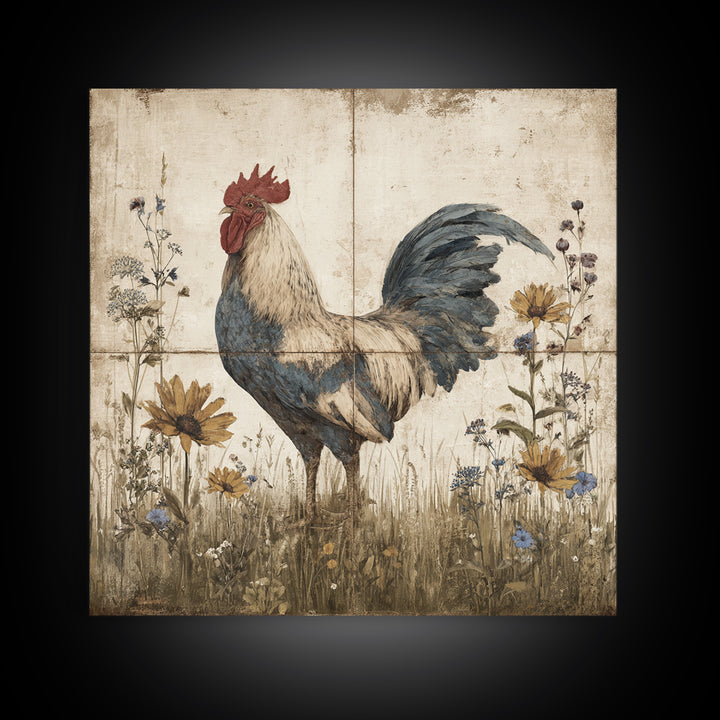 Rooster and Wildflower Country Portrait Canvas Print, Bed and Breakfast Art, Modern Decor, Living Room Decor, BAB-1x1-67