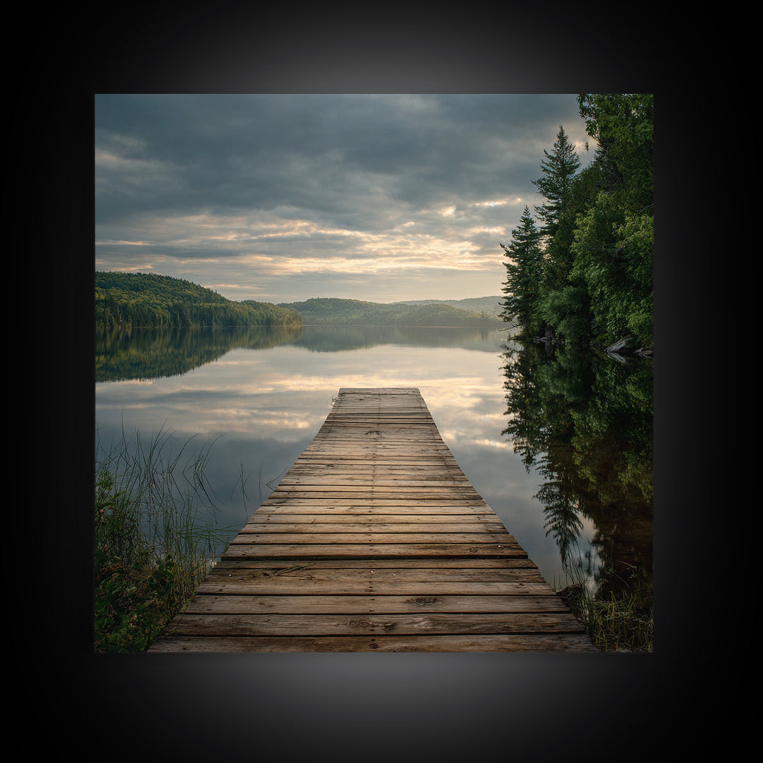 Quiet Lake Dock at Early Morning Framed Canvas Print, Bed and Breakfast Art, Coffee Wall Art, Living Room Decor, Oil Painting, BAB-1x1-70