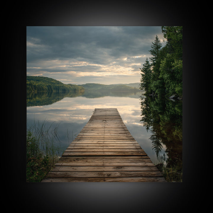 Quiet Lake Dock at Early Morning Framed Canvas Print, Bed and Breakfast Art, Coffee Wall Art, Living Room Decor, Oil Painting, BAB-1x1-70