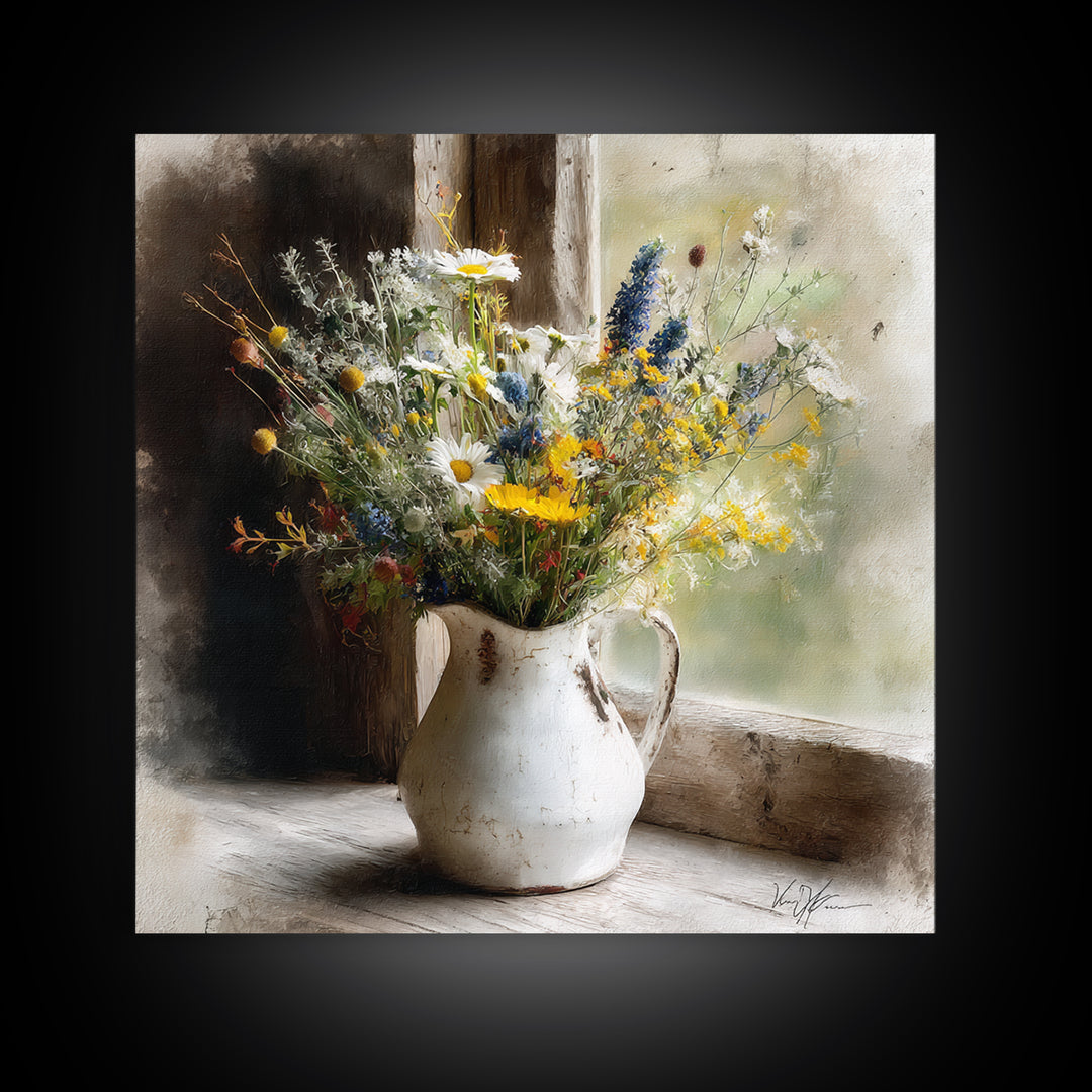 Country Wildflowers in a Chipped Ceramic Pitcher Canvas Print, Bed and Breakfast Art, Home Decor, Living Room Decor, BAB-1x1-73