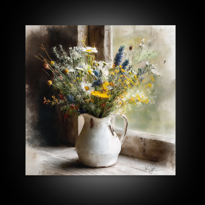 Country Wildflowers in a Chipped Ceramic Pitcher Canvas Print, Bed and Breakfast Art, Home Decor, Living Room Decor, BAB-1x1-73