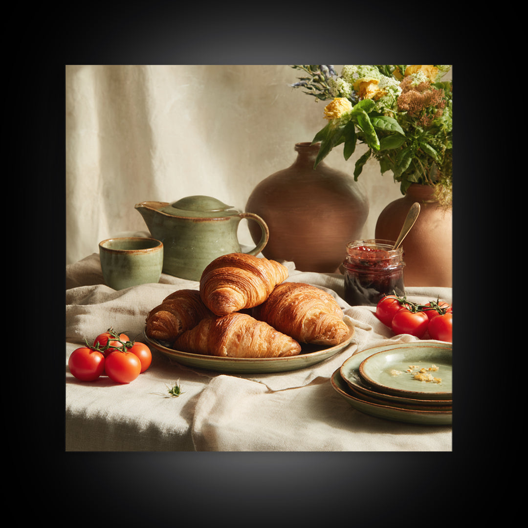 Fresh Croissants and Jam on a Linen Framed Canvas Print, Bed and Breakfast Art, Fine Art Print, Living Room Decor, Abstract Art, BAB-1x1-74