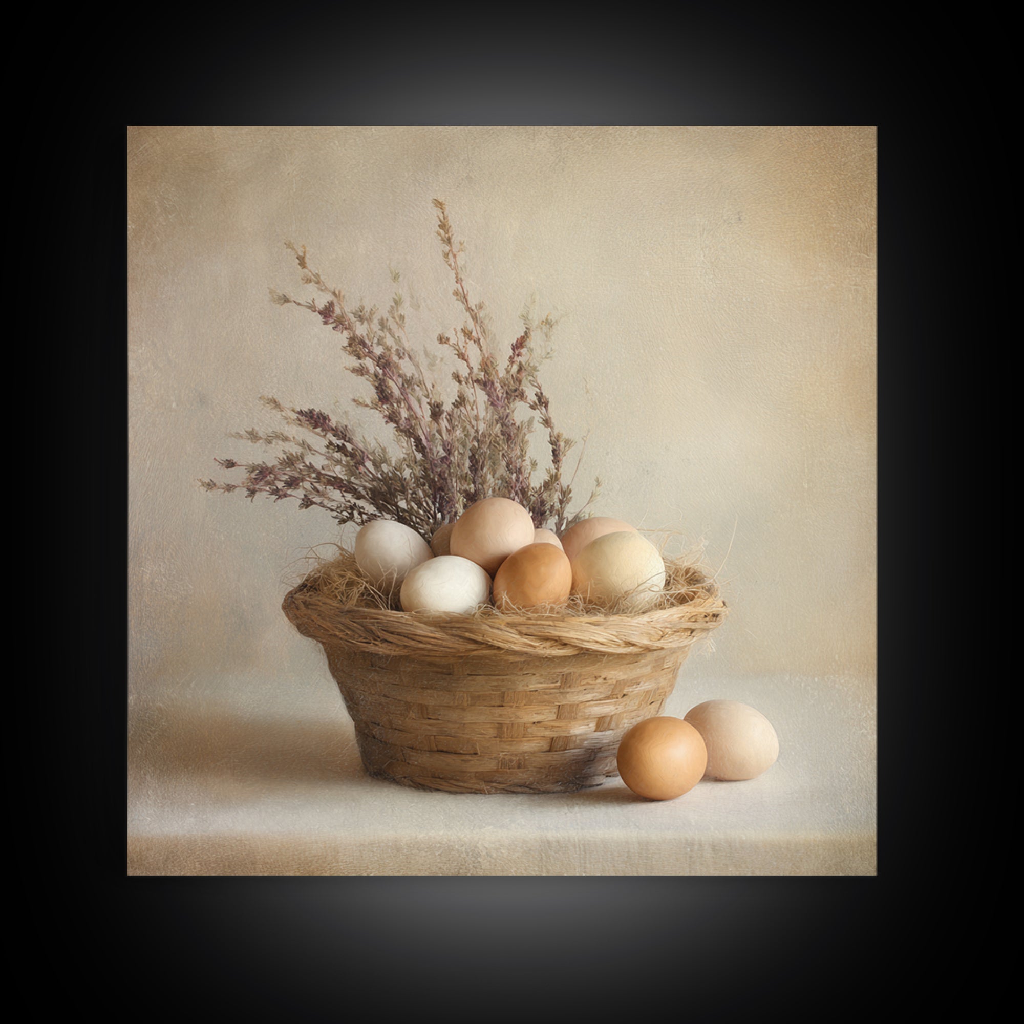 Fresh Eggs in a Woven Basket with Framed Canvas Print, Bed and Breakfast Art, Statement Artwork, Living Room Decor, Fine Art, BAB-1x1-78