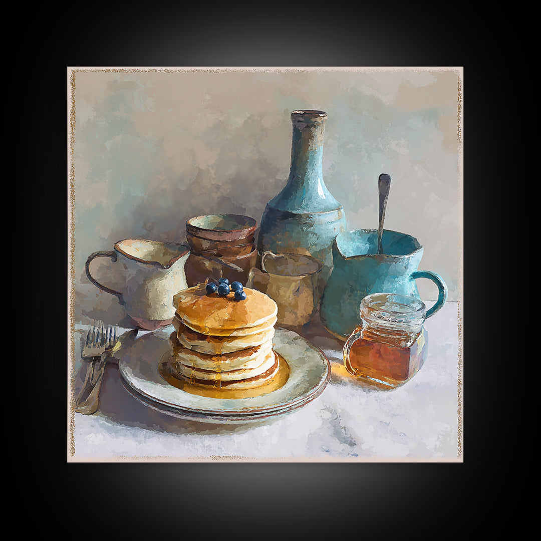 Blueberry Pancakes Still Life Framed Canvas Print, Bed and Breakfast Art, Fine Art Print, Living Room Decor, Fine Art, BAB-1x1-80