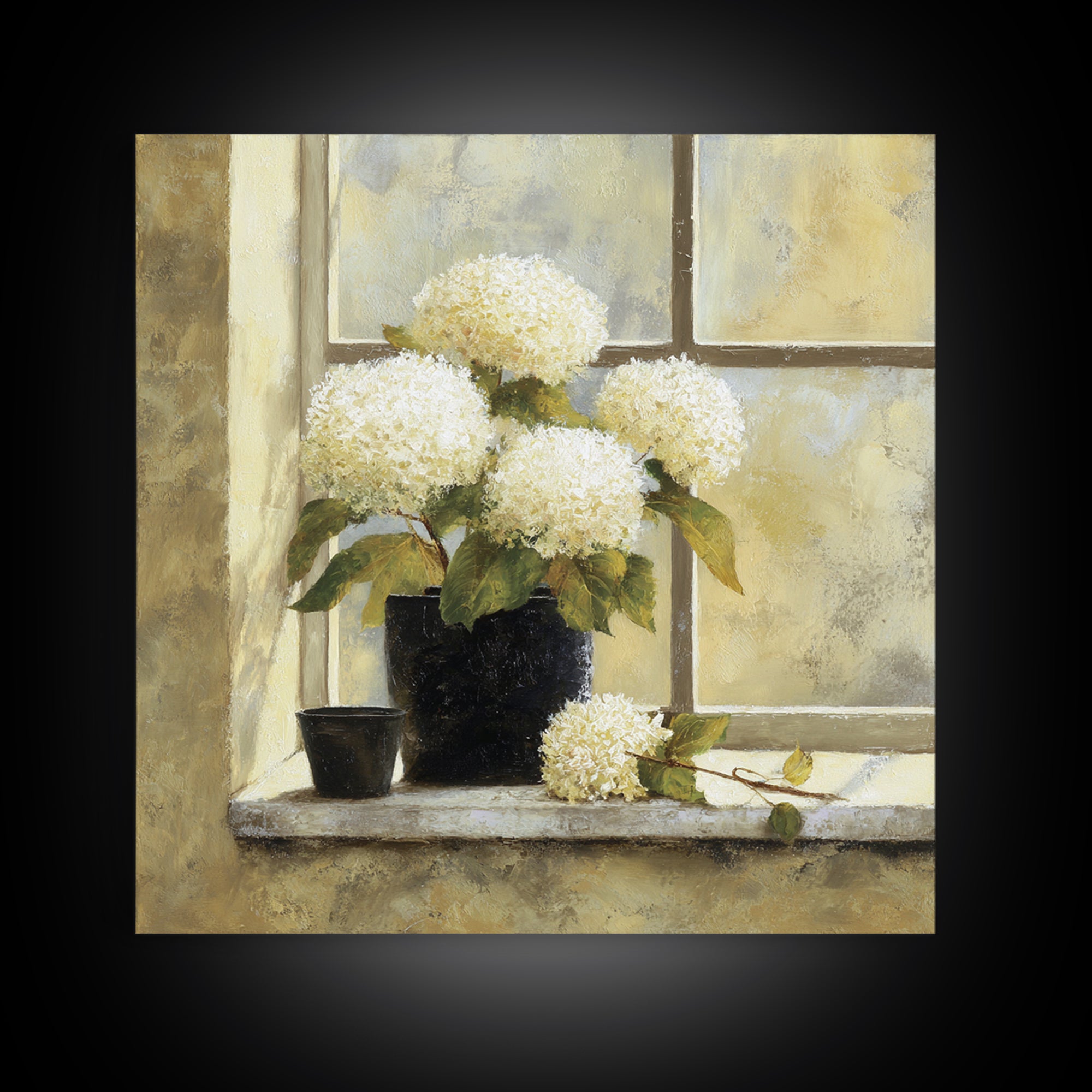 Sunlit Hydrangeas on a Windowsill Canvas Print, Bed and Breakfast Art, Boho Decor, Living Room Decor, Oil Painting, BAB-1x1-82