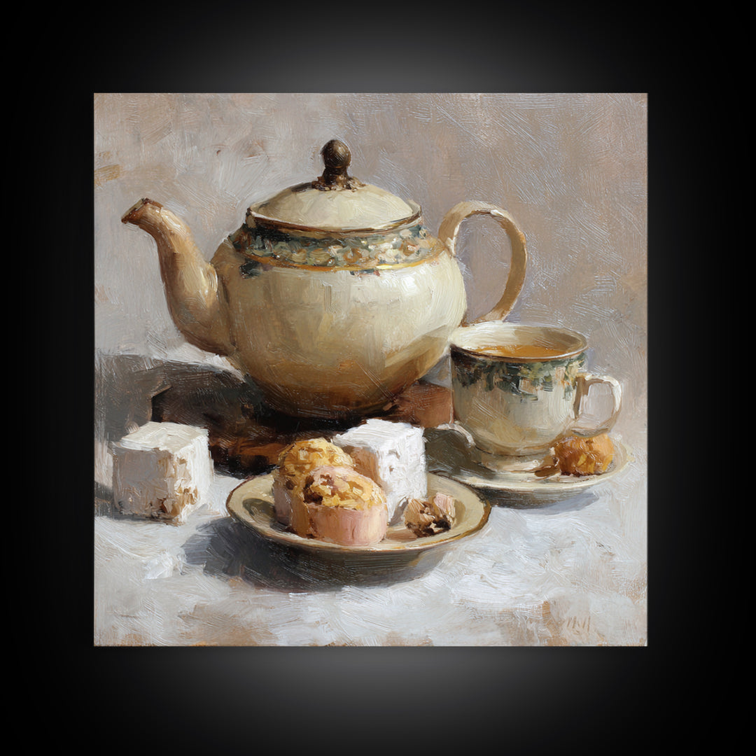 Porcelain Teapot and Scones Framed Canvas Print, Bed and Breakfast Art, Bedroom Prints, Living Room Decor, Abstract Art, BAB-1x1-84