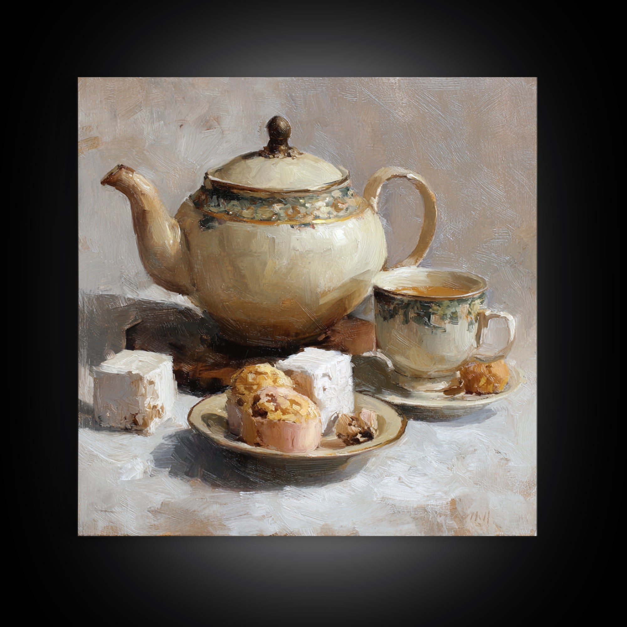 Porcelain Teapot and Scones Framed Canvas Print, Bed and Breakfast Art, Bedroom Prints, Living Room Decor, Abstract Art, BAB-1x1-84