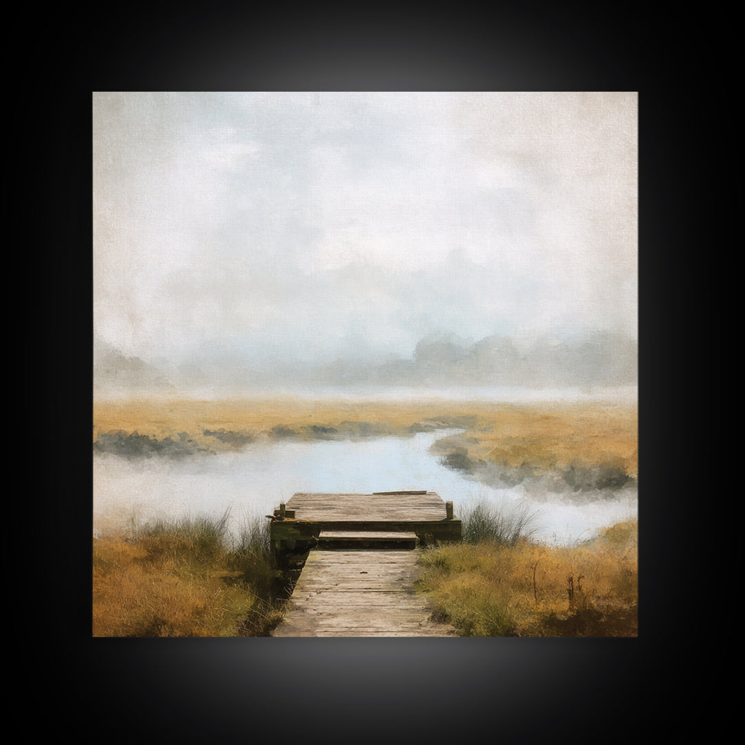 Quiet Lake Dock at Early Morning Canvas Print, Bed and Breakfast Art, Modern Decor, Living Room Decor, Fine Art, BAB-1x1-94