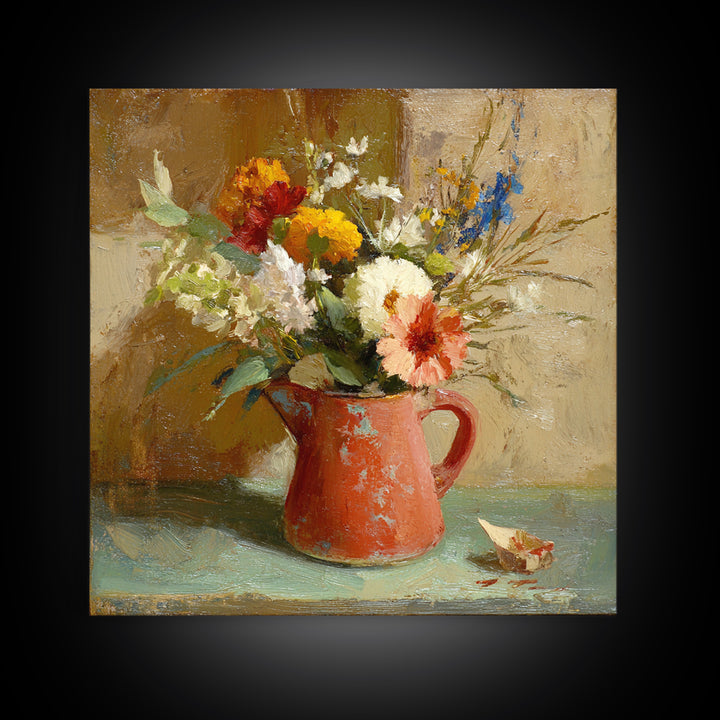Country Wildflowers in a Chipped Ceramic Pitcher Canvas Print, Bed and Breakfast Art, Digital Art, Living Room Decor, Fine Art, BAB-1x1-97