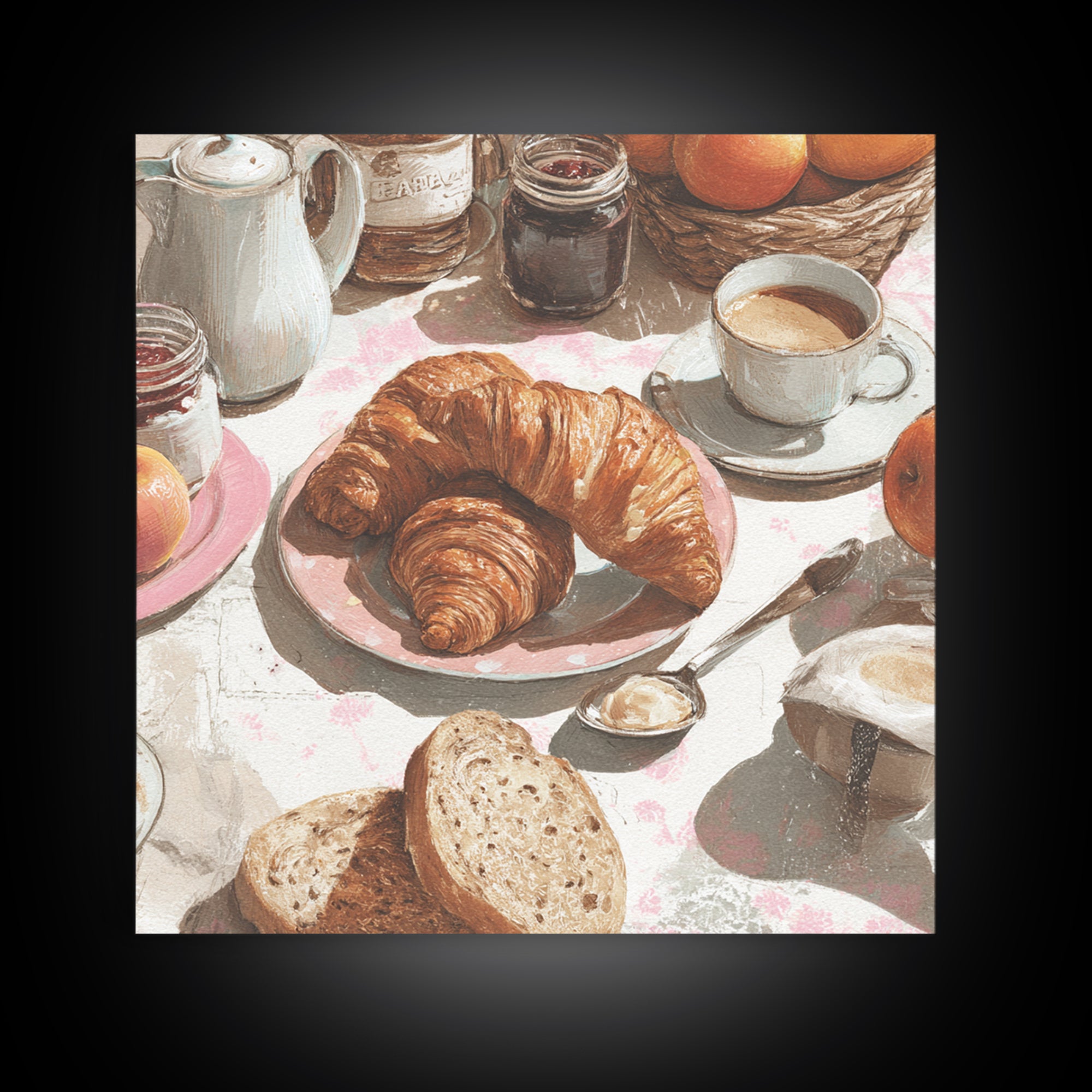 Fresh Croissants and Jam on a Linen Canvas Print, Bed and Breakfast Art, Textured Painting, Living Room Decor, Abstract Art, BAB-1x1-98