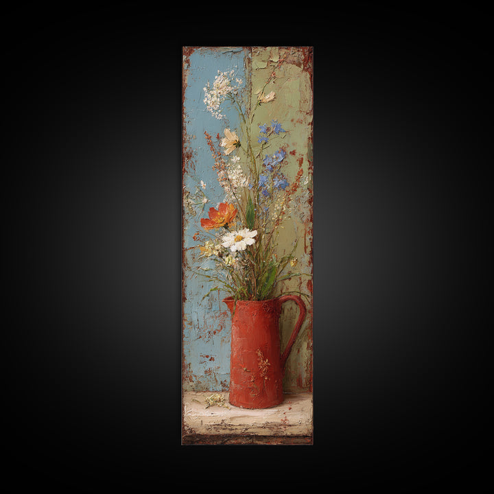 Country Wildflowers in a Chipped Ceramic Pitcher Canvas Print, Bed and Breakfast Art, Minimalist Decor, Living Room Decor, BAB-1x3-13