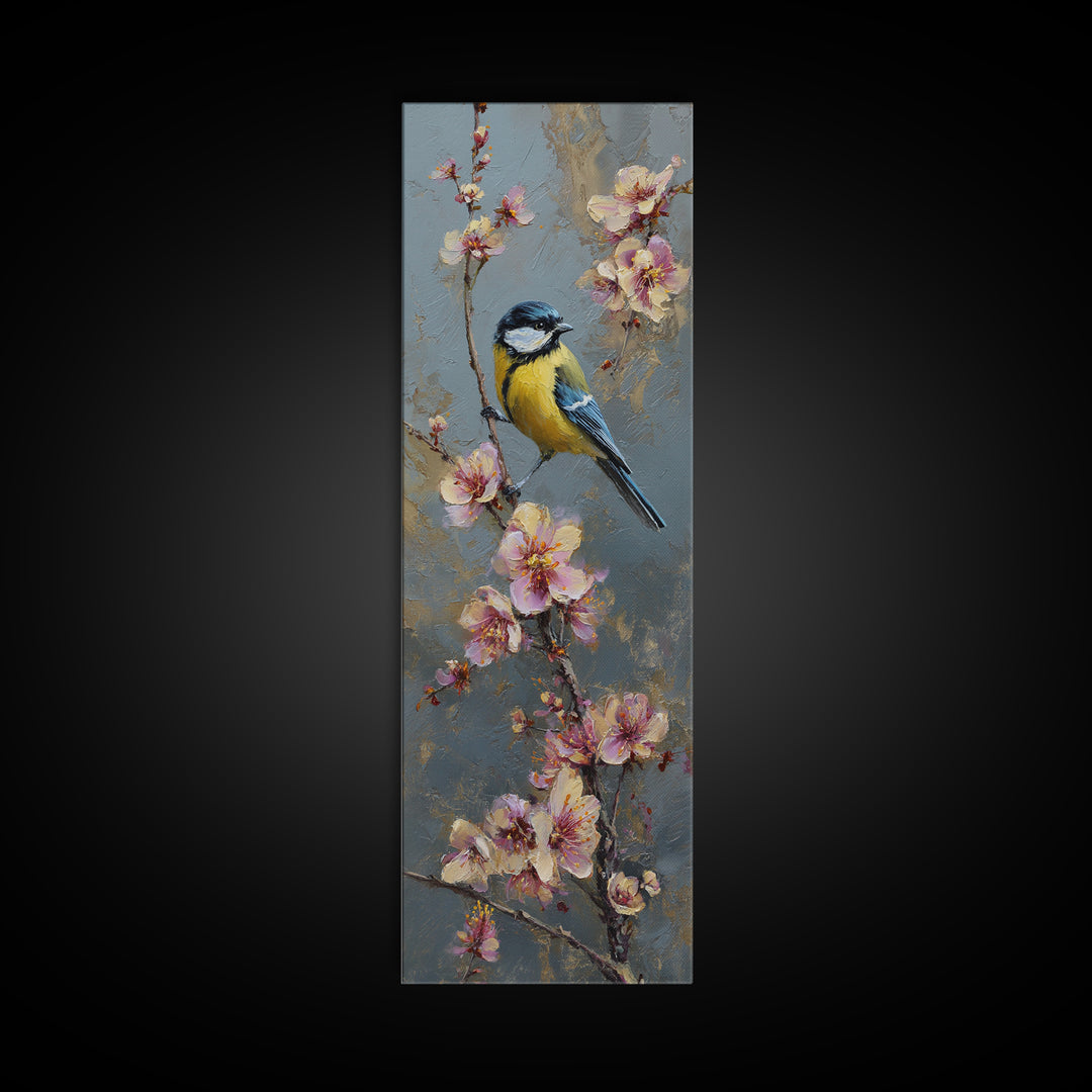 Small Bird on a Flowering Branch Canvas Print, Bed and Breakfast Art, Folk Art, Living Room Decor, Watercolor Art, BAB-1x3-2