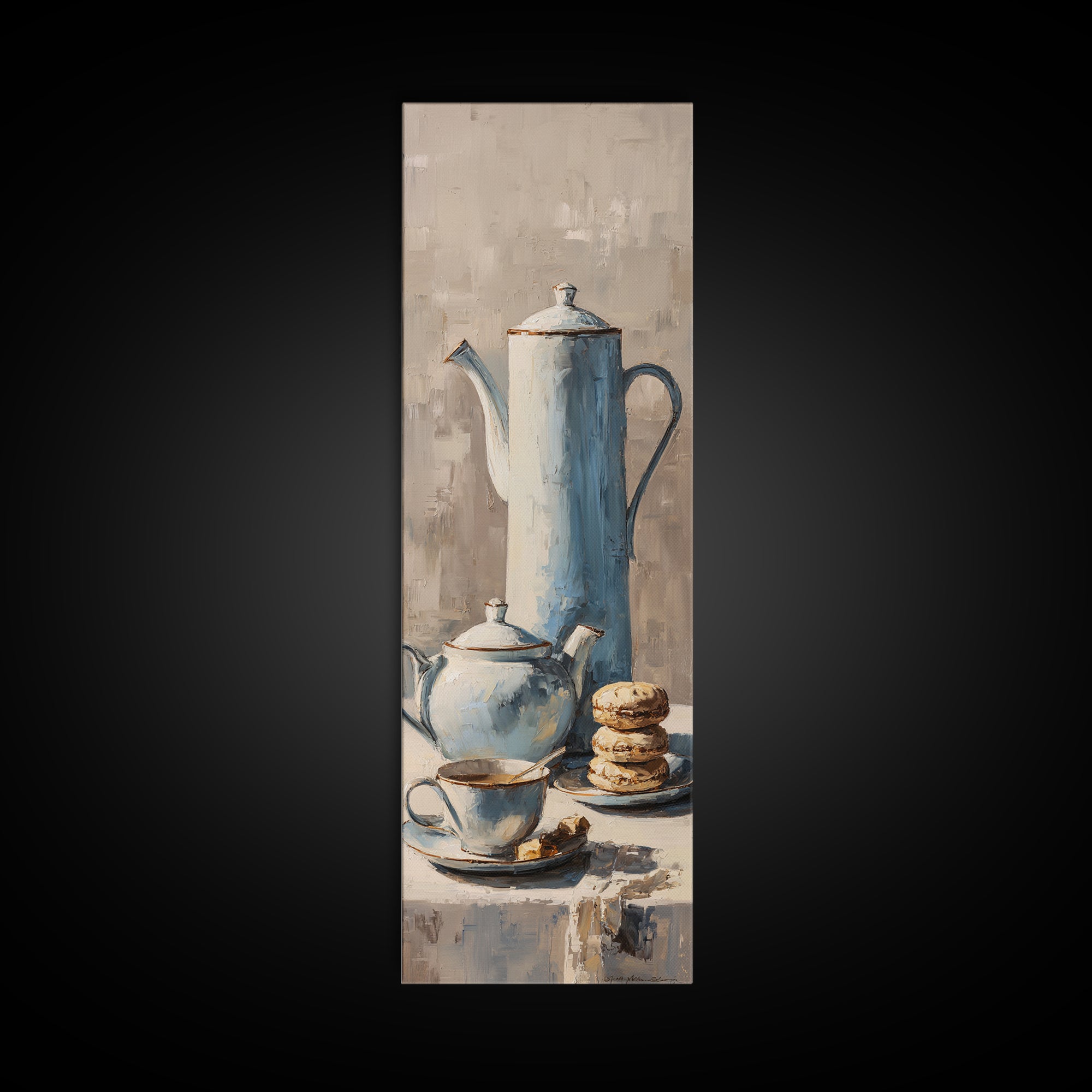 Porcelain Teapot and Scones Framed Canvas Print, Bed and Breakfast Art, Wall Decor, Living Room Decor, Fine Art, BAB-1x3-24