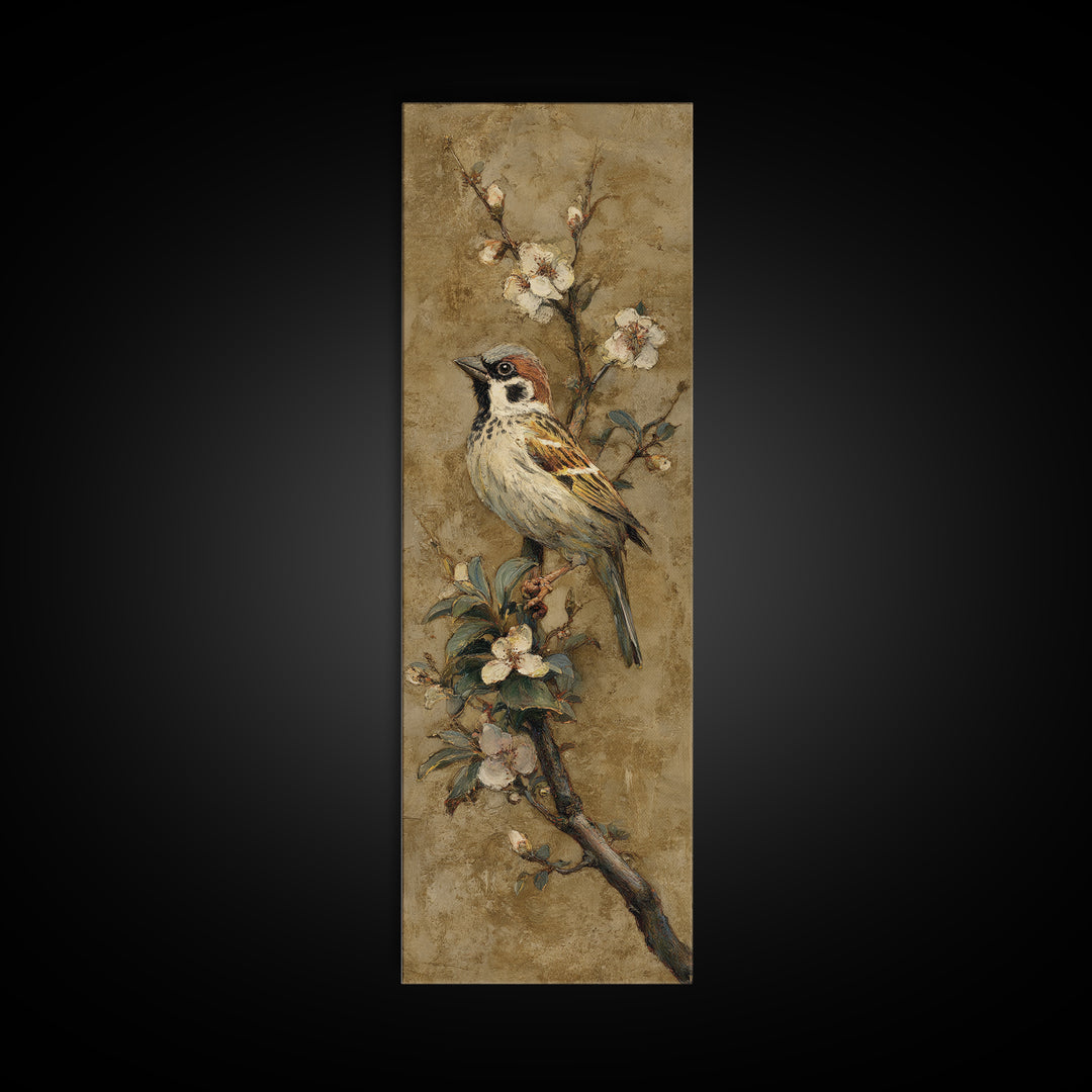 Small Bird on a Flowering Branch Canvas Print, Bed and Breakfast Art, Folk Art, Living Room Decor, Watercolor Art, BAB-1x3-26