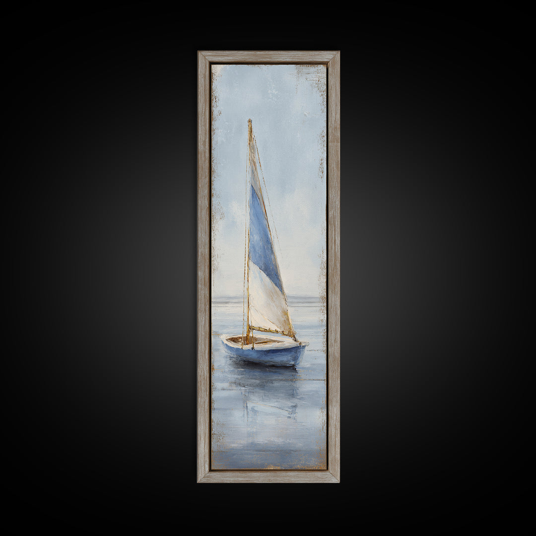 Coastal Inn Sailboat at Sunrise Framed Canvas Print, Bed and Breakfast Art, Textured Painting, Living Room Decor, Fine Art, BAB-1x3-29