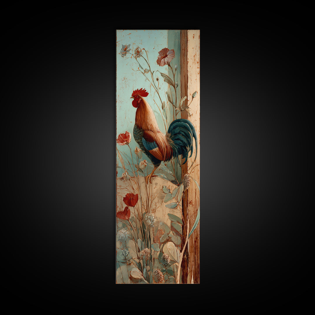 Rooster and Wildflower Country Portrait Framed Canvas Print, Bed and Breakfast Art, Living Room Decor, Fine Art, BAB-1x3-31