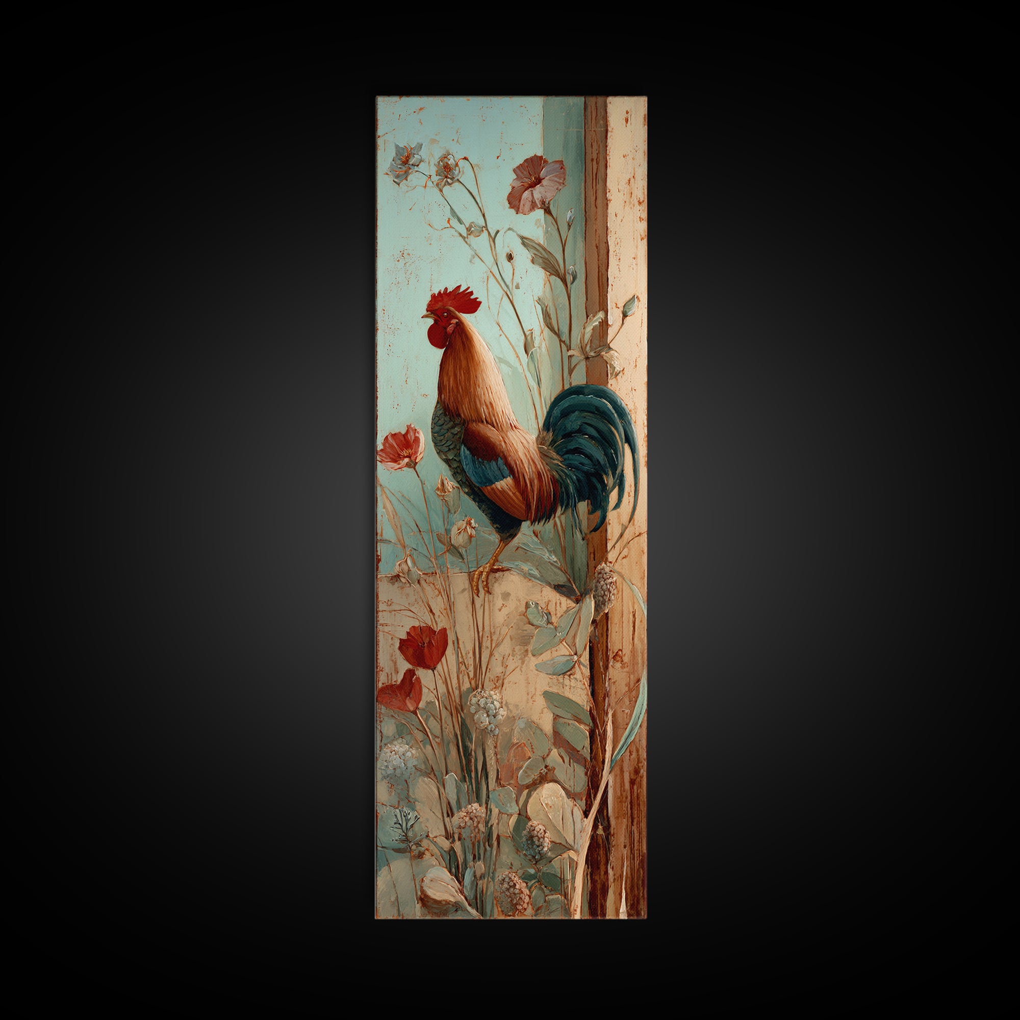 Rooster and Wildflower Country Portrait Framed Canvas Print, Bed and Breakfast Art, Living Room Decor, Fine Art, BAB-1x3-31