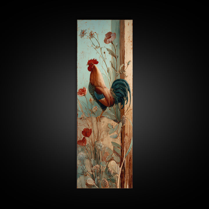 Rooster and Wildflower Country Portrait Framed Canvas Print, Bed and Breakfast Art, Living Room Decor, Fine Art, BAB-1x3-31