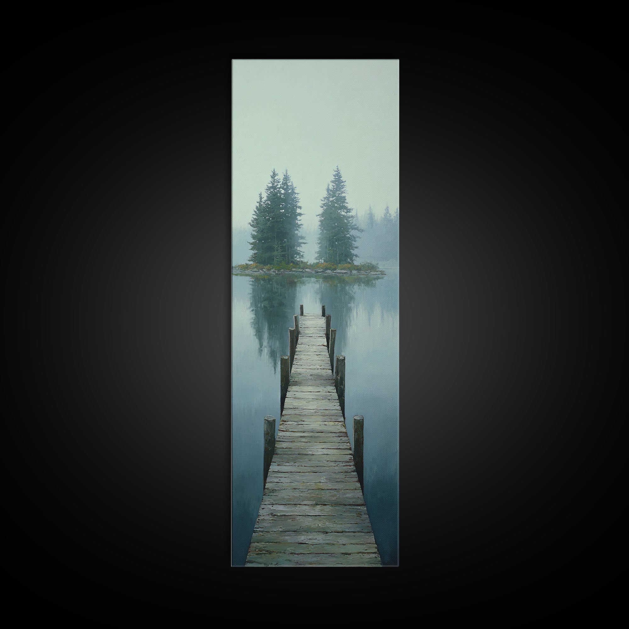Quiet Lake Dock at Early Morning Canvas Print, Bed and Breakfast Art, Rustic Home Decor, Living Room Decor, Digital Art, BAB-1x3-34