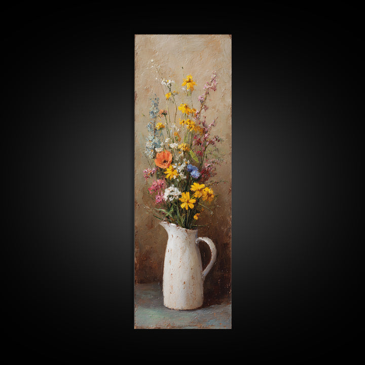 Country Wildflowers in a Chipped Ceramic Pitcher Canvas Print, Bed and Breakfast Art, Minimalist Decor, Living Room Decor, BAB-1x3-37