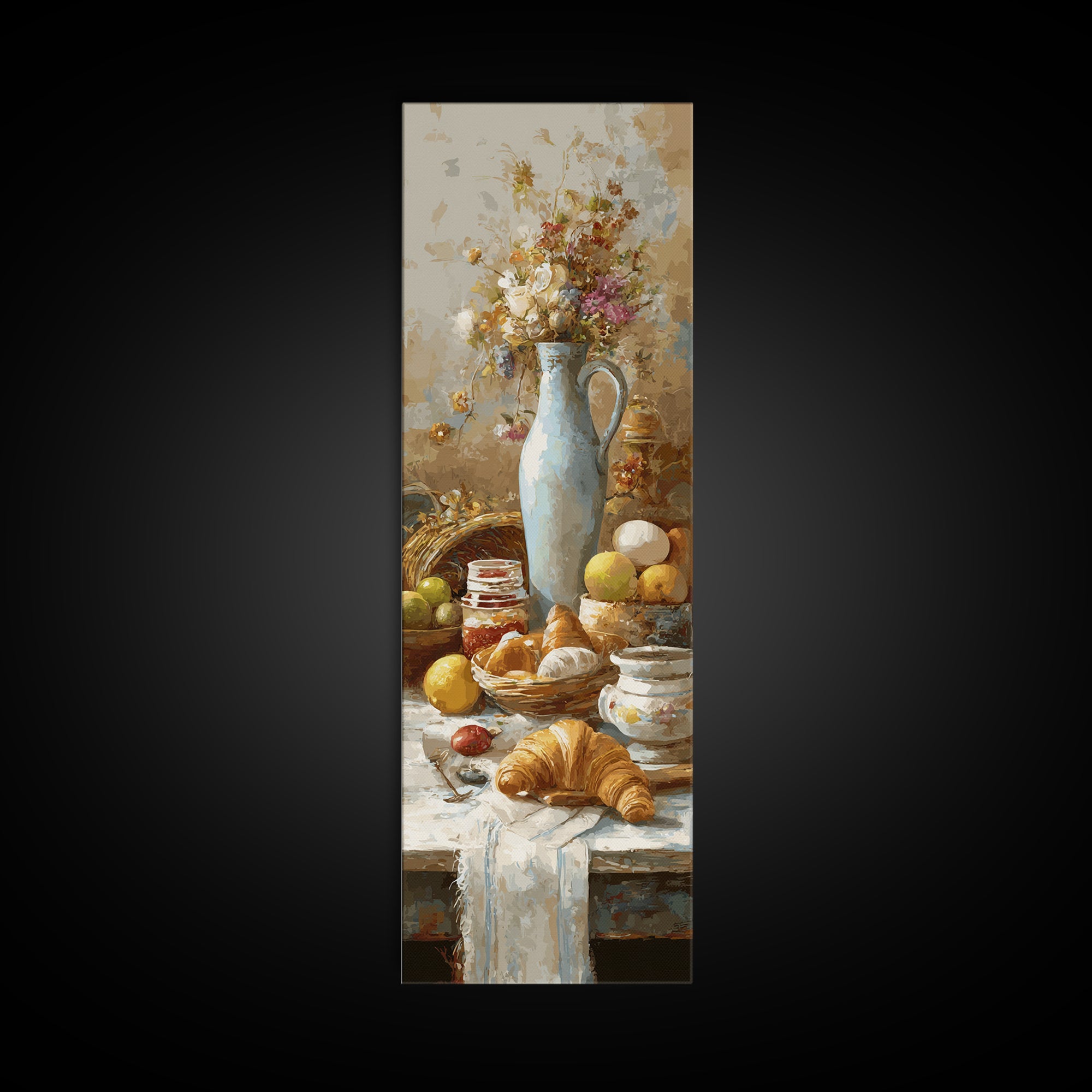 Fresh Croissants and Jam on a Linen Canvas Print, Bed and Breakfast Art, Gallery Decor, Living Room Decor, Fine Art, BAB-1x3-38