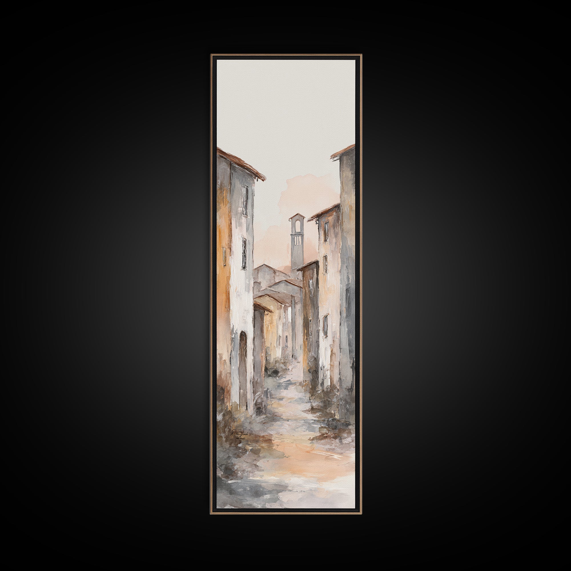 Soft Watercolor Village Street at Dawn Canvas Print, Bed and Breakfast Art, Farmhouse Wall Art, Living Room Decor, Fine Art, BAB-1x3-41