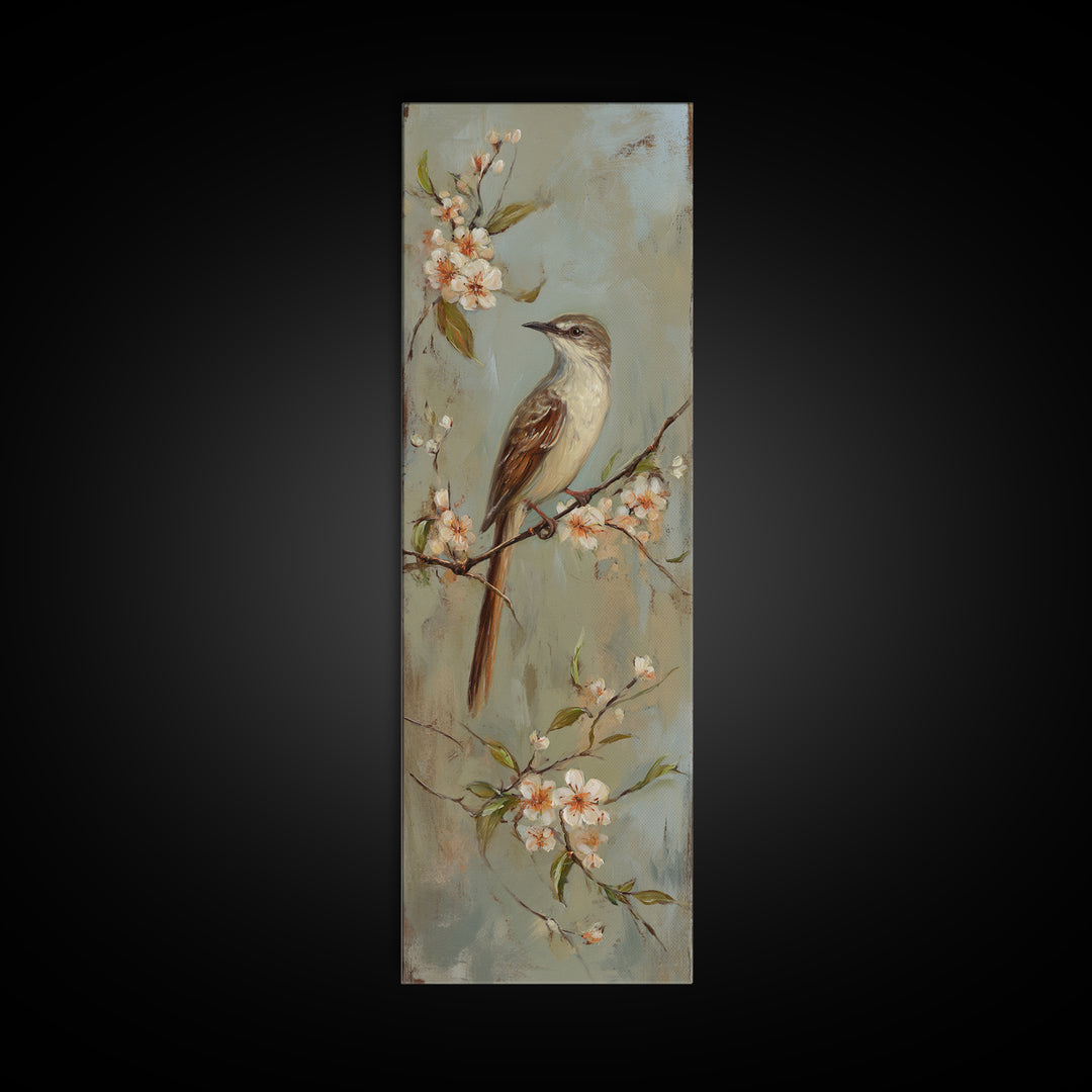 Small Bird on a Flowering Branch Framed Canvas Print, Bed and Breakfast Art, Fine Art Print, Living Room Decor, Watercolor Art, BAB-1x3-50
