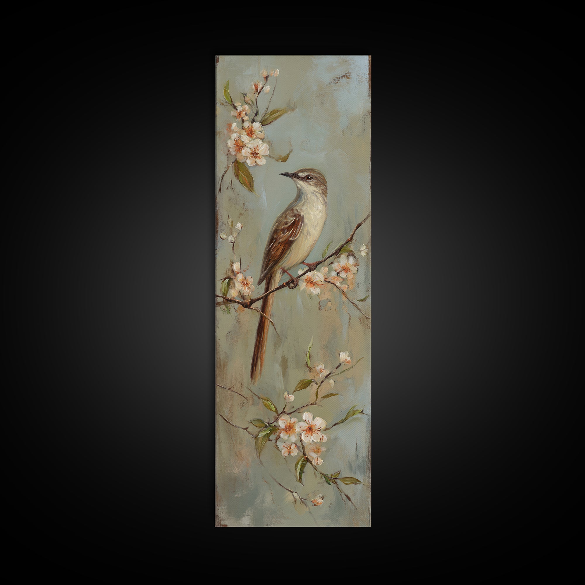 Small Bird on a Flowering Branch Framed Canvas Print, Bed and Breakfast Art, Fine Art Print, Living Room Decor, Watercolor Art, BAB-1x3-50