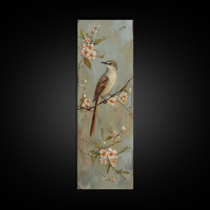 Small Bird on a Flowering Branch Framed Canvas Print, Bed and Breakfast Art, Fine Art Print, Living Room Decor, Watercolor Art, BAB-1x3-50