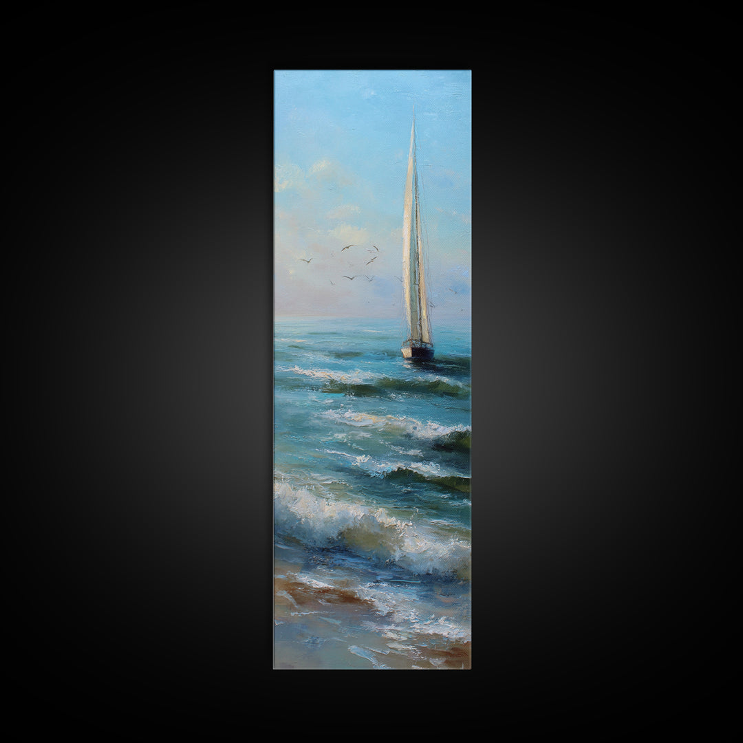 Coastal Inn Sailboat at Sunrise Framed Canvas Print, Bed and Breakfast Art, Textured Painting, Living Room Decor, Fine Art, BAB-1x3-53