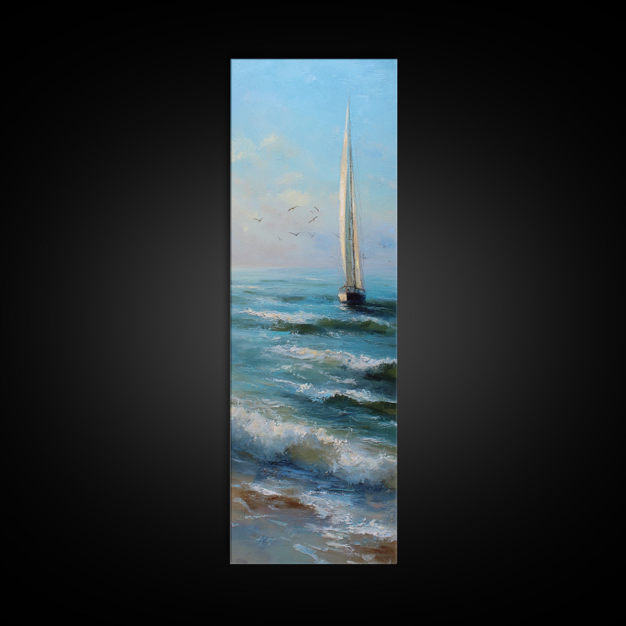 Coastal Inn Sailboat at Sunrise Framed Canvas Print, Bed and Breakfast Art, Textured Painting, Living Room Decor, Fine Art, BAB-1x3-53