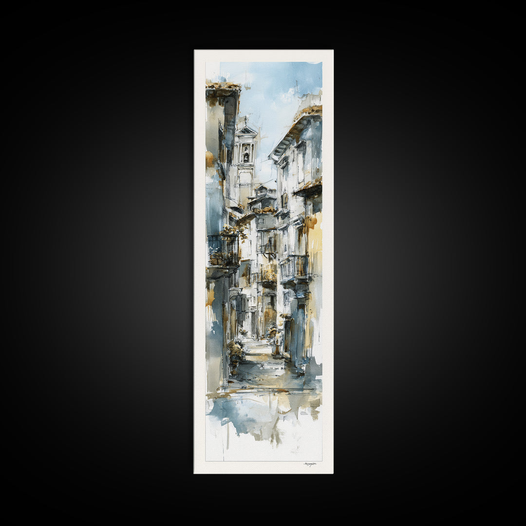 Soft Watercolor Village Street at Dawn Canvas Print, Bed and Breakfast Art, Print, Living Room Decor, Fine Art, BAB-1x3-65
