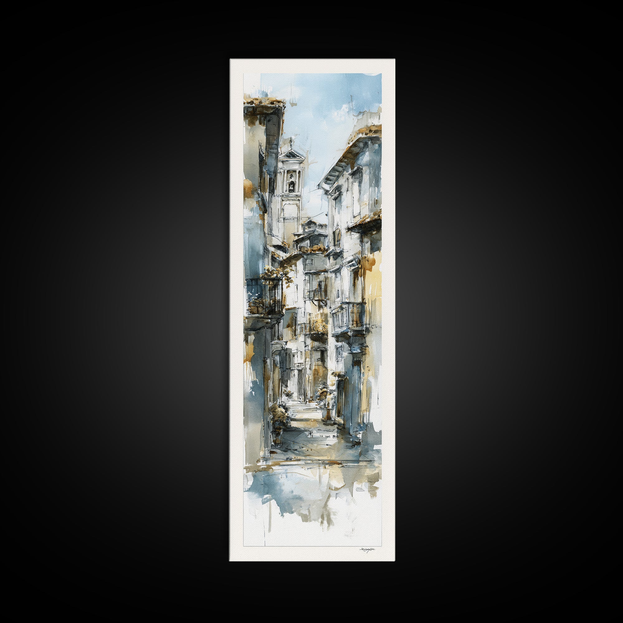 Soft Watercolor Village Street at Dawn Canvas Print, Bed and Breakfast Art, Print, Living Room Decor, Fine Art, BAB-1x3-65