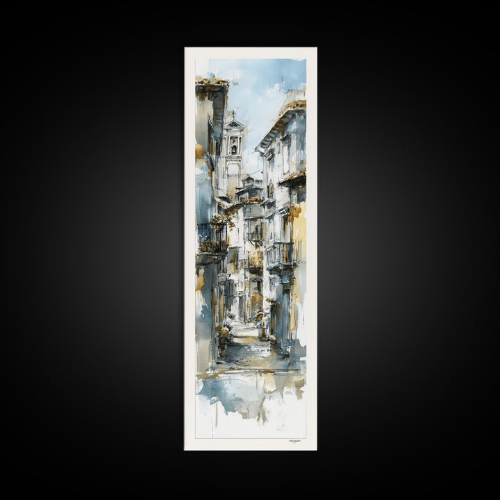 Soft Watercolor Village Street at Dawn Canvas Print, Bed and Breakfast Art, Print, Living Room Decor, Fine Art, BAB-1x3-65