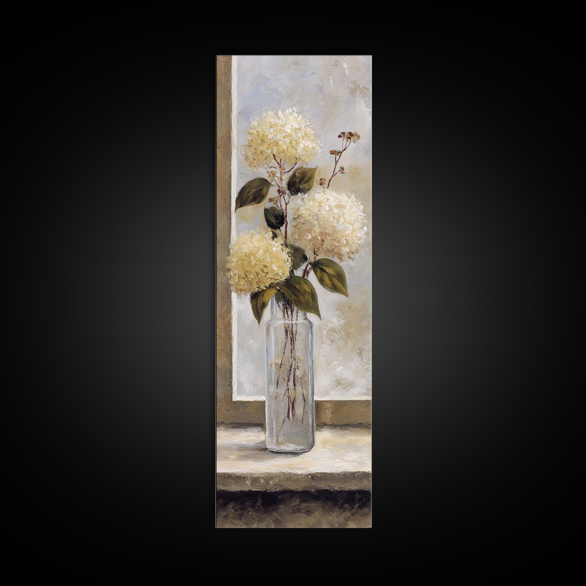 Sunlit Hydrangeas on a Windowsill Framed Canvas Print, Bed and Breakfast Art, Modern Decor, Living Room Decor, Fine Art, BAB-1x3-70