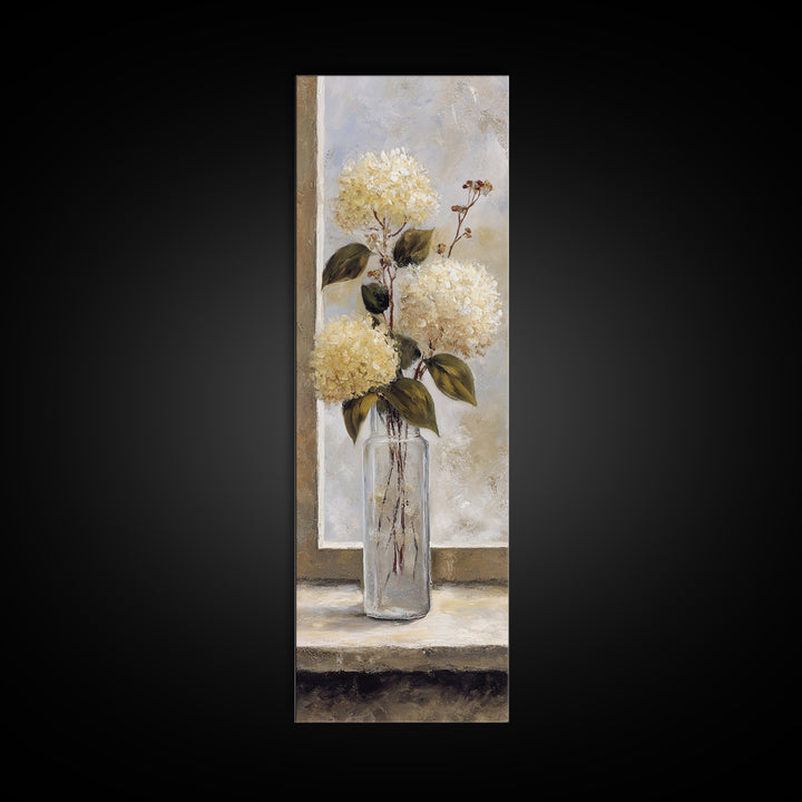 Sunlit Hydrangeas on a Windowsill Framed Canvas Print, Bed and Breakfast Art, Modern Decor, Living Room Decor, Fine Art, BAB-1x3-70