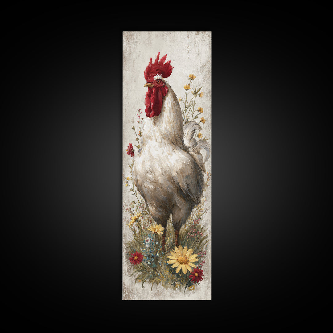 Rooster and Wildflower Country Portrait Canvas Print, Bed and Breakfast Art, Coffee Wall Art, Living Room Decor, BAB-1x3-79