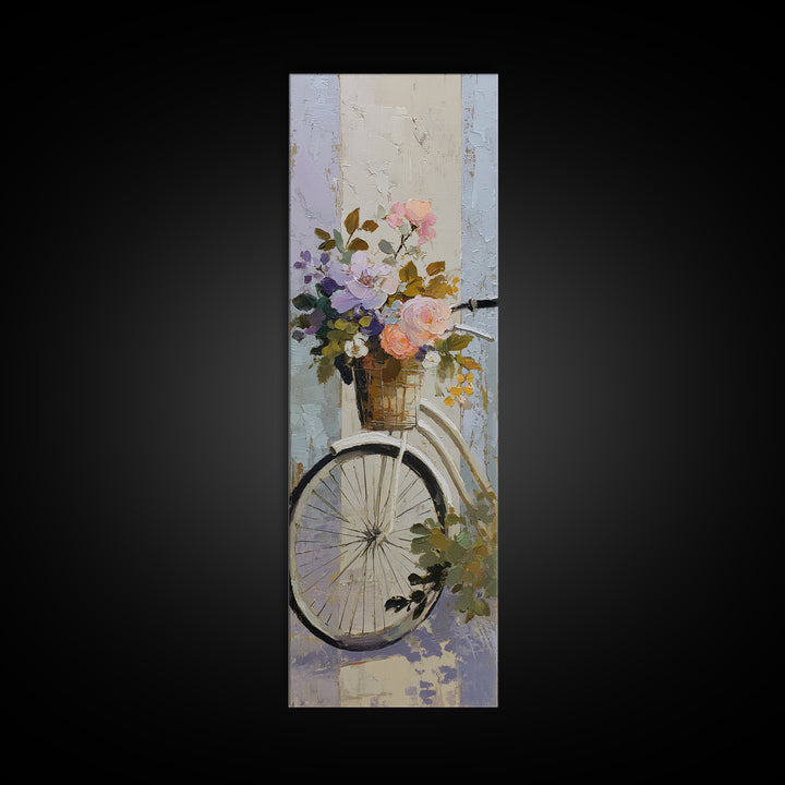 Old Bicycle with Flowers in Basket Framed Canvas Print, Bed and Breakfast Art, Folk Art, Living Room Decor, Watercolor Art, BAB-1x3-83