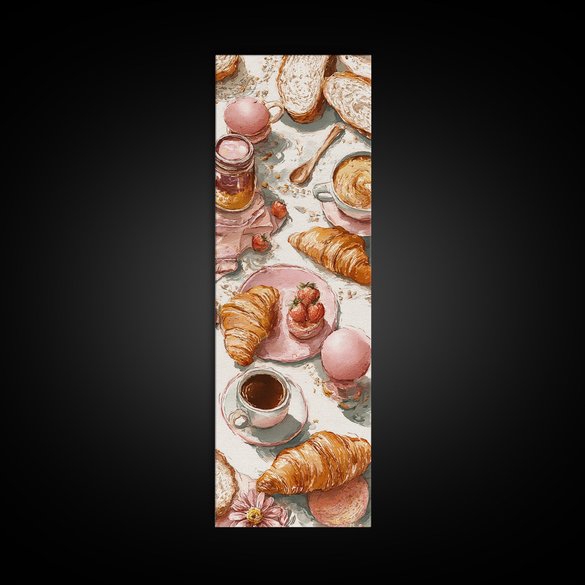 Fresh Croissants and Jam on a Linen Canvas Print, Bed and Breakfast Art, Contemporary Art, Living Room Decor, Abstract Art, BAB-1x3-86