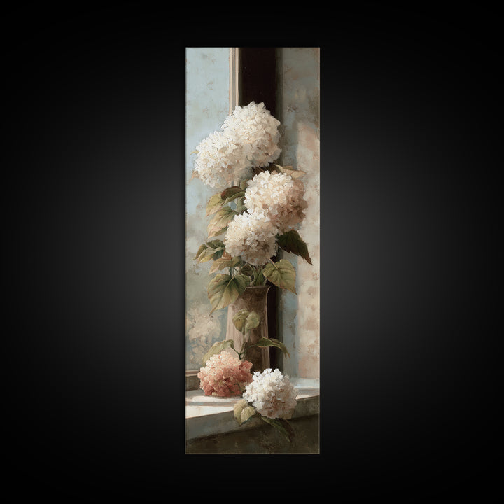 Sunlit Hydrangeas on a Windowsill Canvas Print, Bed and Breakfast Art, Room Decor, Living Room Decor, Fine Art, BAB-1x3-94