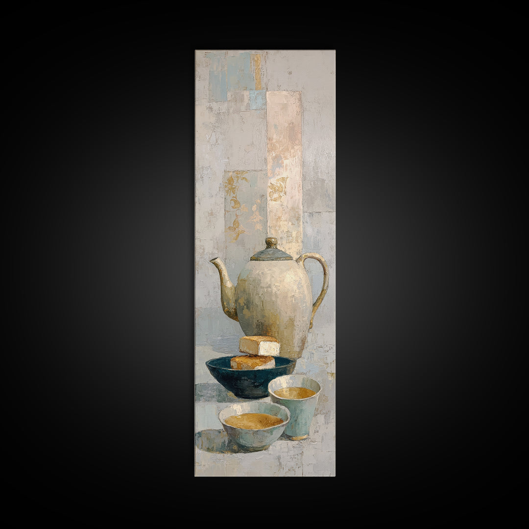 Porcelain Teapot and Scones Framed Canvas Print, Bed and Breakfast Art, Bedroom Prints, Living Room Decor, Abstract Art, BAB-1x3-96