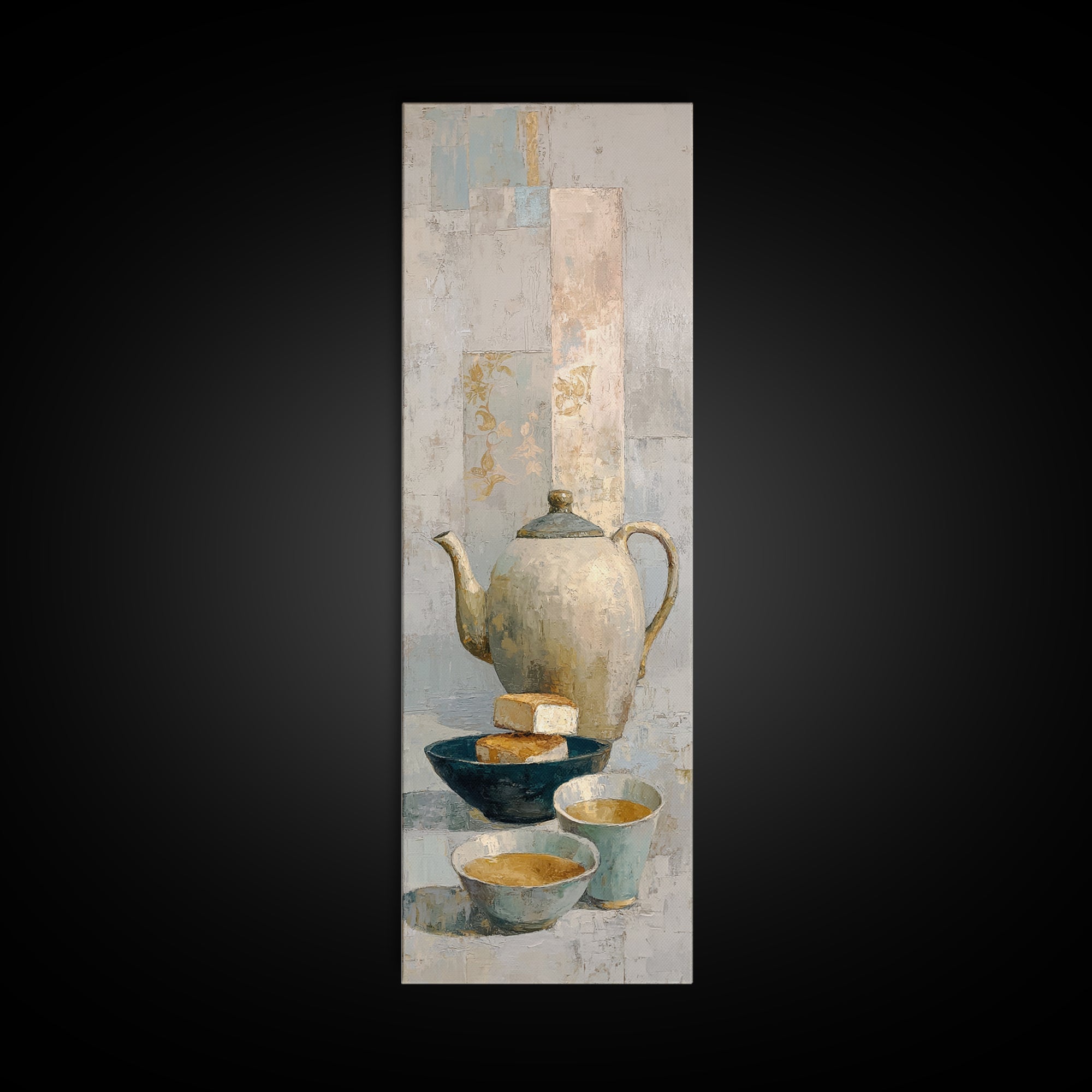 Porcelain Teapot and Scones Framed Canvas Print, Bed and Breakfast Art, Bedroom Prints, Living Room Decor, Abstract Art, BAB-1x3-96