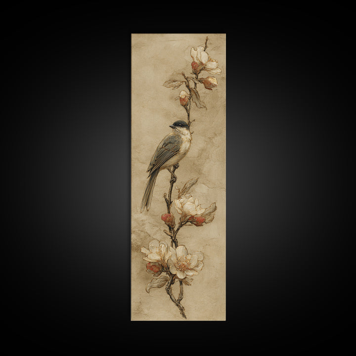 Small Bird on a Flowering Branch Canvas Print, Bed and Breakfast Art, Textured Painting, Living Room Decor, Fine Art, BAB-1x3-98